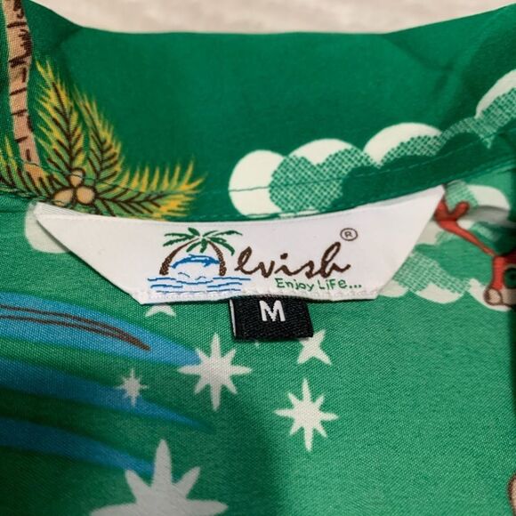 Alvish Mens Green Christmas Hawaiian Surfing Santa Button Down Shirt Size Medium - Picture 5 of 6